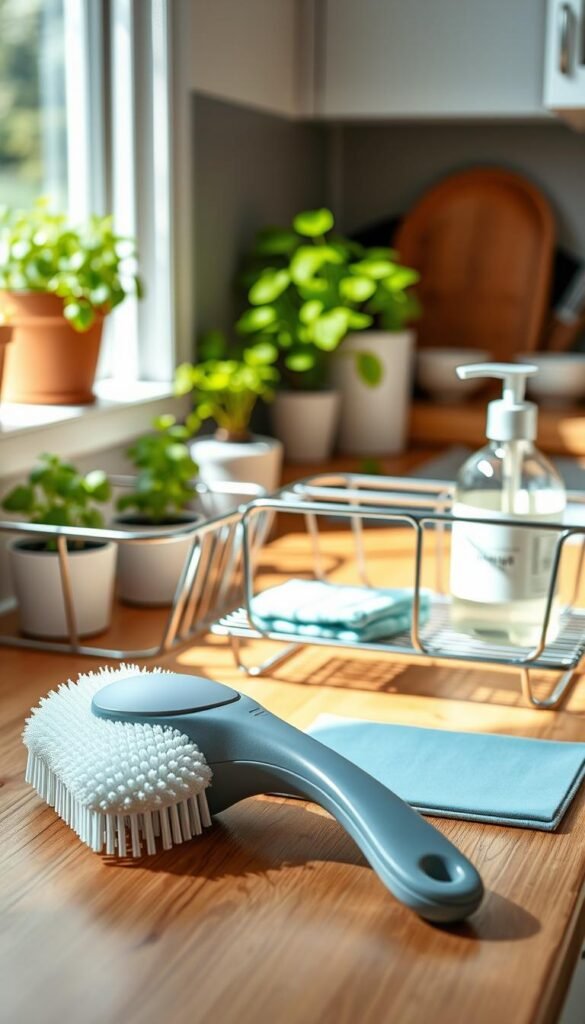 A bright and inviting kitchen scene showcasing high-quality cleaning tools on a wooden countertop. In the foreground, feature a sleek, ergonomic dish scrubber with soft bristles, alongside a modern, compact dish drying rack made of stainless steel. The middle ground includes a reusable silicone dish sponge and a bottle of eco-friendly dish soap with a minimalist label, all arranged harmoniously. In the background, soft natural light streams in from a nearby window, creating a warm and cheerful atmosphere that enhances the clean aesthetic. The kitchen has a cozy, organized vibe with potted herbs and stylish kitchenware. Capture the cozy essence of "CozyTrendHub" style, focusing on practical, efficient cleaning solutions for those who prefer to hand-wash dishes or dislike soaking.