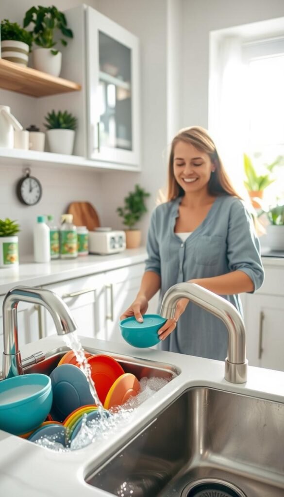 A bright and inviting kitchen scene where a person in modest casual attire is enthusiastically cleaning dishes. In the foreground, a sparkling sink filled with colorful dishware and a shiny faucet, with soap bubbles reflecting light. The middle layer features a neatly organized countertop with neatly arranged cleaning supplies, including eco-friendly dish soap, a stylish dish drying rack, and a modern cabinet filled with kitchen tools. In the background, soft natural light streams in through a window, highlighting cheerful houseplants and cheerful kitchen decor. The atmosphere is warm and welcoming, encouraging a sense of joy in cleaning. This image resonates with a Pinterest-inspired aesthetic, ideal for CozyTrendHub.