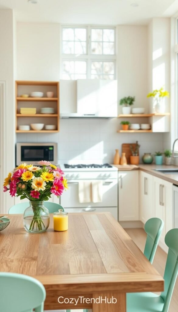 A bright and inviting kitchen with a fresh spring feel, featuring a light, airy color palette of soft pastels like mint green and pale yellow. In the foreground, a stylish wooden dining table adorned with vibrant flowers in a simple vase and colorful kitchen utensils. The middle ground includes sleek white cabinets and a modern range, with open shelves displaying cheerful dishware and potted herbs. In the background, large windows allow natural sunlight to stream in, illuminating the space and creating a warm atmosphere. The scene is captured from a slightly elevated angle, emphasizing the openness and organized aesthetic of the kitchen. Aim for high-resolution detail and a soft-focus effect to enhance the cozy, inspirational mood. Brand name "CozyTrendHub" to be integrated subtly into the design.
