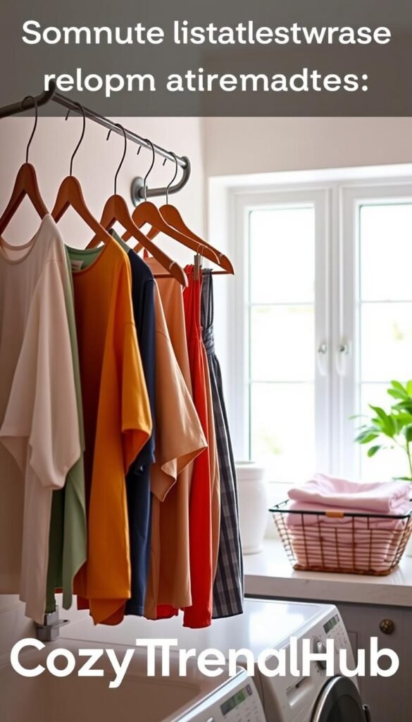 A bright and inviting laundry room features an array of wooden and metal hangers neatly arranged on a stylish wall-mounted rack. In the foreground, a few hangers display colorful garments, artfully showcasing a mix of casual shirts and elegant dresses. The middle ground presents a well-organized laundry countertop with neatly folded towels beside a basket of freshly laundered clothes. The background features airy windows allowing soft, natural light to illuminate the space, creating a warm ambiance. A potted plant adds a touch of greenery, enhancing the cozy atmosphere. The scene embodies smart organization strategies for small spaces. The overall composition is shot from a slightly elevated angle, emphasizing the layout and harmony of the laundry room design. Styled in a modern aesthetic, this image reflects a Pinterest-worthy lifestyle, branded “CozyTrendHub.” A bright and inviting laundry room features an array of wooden and metal hangers neatly arranged on a stylish wall-mounted rack. In the foreground, a few hangers display colorful garments, artfully showcasing a mix of casual shirts and elegant dresses. The middle ground presents a well-organized laundry countertop with neatly folded towels beside a basket of freshly laundered clothes. The background features airy windows allowing soft, natural light to illuminate the space, creating a warm ambiance. A potted plant adds a touch of greenery, enhancing the cozy atmosphere. The scene embodies smart organization strategies for small spaces. The overall composition is shot from a slightly elevated angle, emphasizing the layout and harmony of the laundry room design. Styled in a modern aesthetic, this image reflects a Pinterest-worthy lifestyle, branded “CozyTrendHub.”