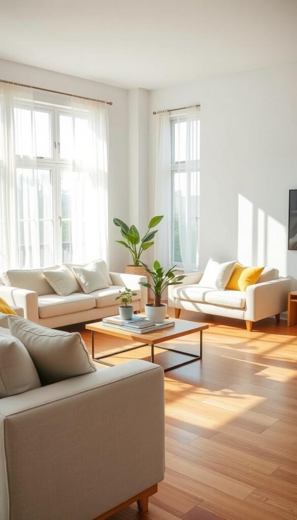 A bright and inviting living room designed to create a sense of spaciousness and ease. In the foreground, a minimalist sofa with playful pastel cushions invites relaxation. The middle ground features a lived-in coffee table with potted plants and a few stylish books, emphasizing a clutter-free, harmonious layout. In the background, large windows fill the space with natural light, casting soft shadows across the polished hardwood floor. A gentle breeze sways sheer curtains, adding to the serene atmosphere. The overall mood is fresh and uplifting, with a focus on springtime colors like soft greens and yellows. The scene embodies a Pinterest-worthy aesthetic, perfect for renters looking to refresh their space on a budget. CozyTrendHub.