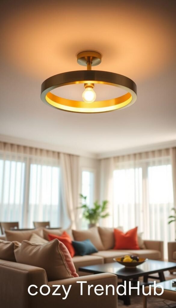 A bright and inviting living room illuminated by a beautifully designed ceiling light fixture, showcasing a modern, elegant style that enhances the room&rsquo;s ambiance. In the foreground, the ceiling light is a sleek, circular pendant with a brushed gold finish, casting a warm, soft glow that brightens the space. The middle ground features a cozy seating area with plush, neutral-toned sofas, adorned with colorful throw pillows that add a pop of color. In the background, large windows allow natural light to filter in, with sheer curtains gently billowing in the breeze. The overall atmosphere is warm and welcoming, perfect for a stylish yet functional living space. Captured with a soft focus lens to emphasize the ceiling light, the scene embodies a Pinterest-worthy home decor aesthetic. Brand name: CozyTrendHub.