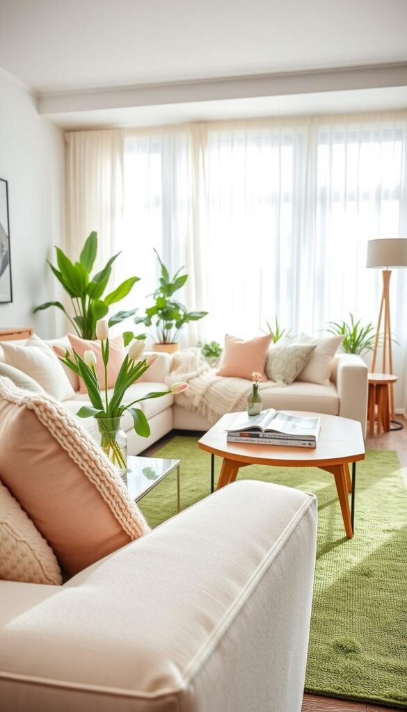 A bright and inviting living room styled for spring, showcasing a harmonious blend of modern and cozy decor. In the foreground, a plush cream-colored sofa adorned with pastel throw pillows and a soft knitted blanket invites relaxation. The middle ground features a stylish wooden coffee table topped with a vase of fresh tulips and a stack of glossy home decor magazines. A cheerful green area rug ties the space together. In the background, large windows draped with sheer white curtains allow natural light to flood in, casting a warm glow across the room. A hint of potted plants adds freshness, emphasizing the seasonal theme. The overall mood is refreshing and uplifting, perfect for renters looking to revitalize their space. Captured with a soft focus lens at eye level to enhance the inviting atmosphere. CozyTrendHub.