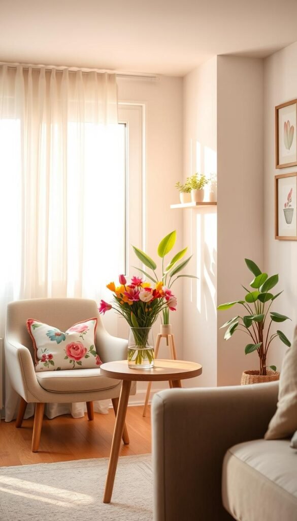 A bright, cozy apartment room decorated for spring, featuring light and airy elements. In the foreground, a stylish, modern armchair adorned with a floral throw pillow faces a small, circular wooden table topped with a vibrant vase of fresh spring flowers. Midground includes a window with sheer white curtains, allowing golden sunlight to pour in, enhancing the warm atmosphere. The walls are adorned with tasteful renter-friendly wall art, including floating shelves with potted plants and framed botanical prints. In the background, a lush green indoor plant adds a pop of color. The room is designed to evoke a cheerful, inviting vibe, perfect for a spring decor theme. Set the image with soft, natural lighting, shot at a slight angle to capture the room's depth. Photography style inspired by CozyTrendHub. A bright, cozy apartment room decorated for spring, featuring light and airy elements. In the foreground, a stylish, modern armchair adorned with a floral throw pillow faces a small, circular wooden table topped with a vibrant vase of fresh spring flowers. Midground includes a window with sheer white curtains, allowing golden sunlight to pour in, enhancing the warm atmosphere. The walls are adorned with tasteful renter-friendly wall art, including floating shelves with potted plants and framed botanical prints. In the background, a lush green indoor plant adds a pop of color. The room is designed to evoke a cheerful, inviting vibe, perfect for a spring decor theme. Set the image with soft, natural lighting, shot at a slight angle to capture the room's depth. Photography style inspired by CozyTrendHub.
