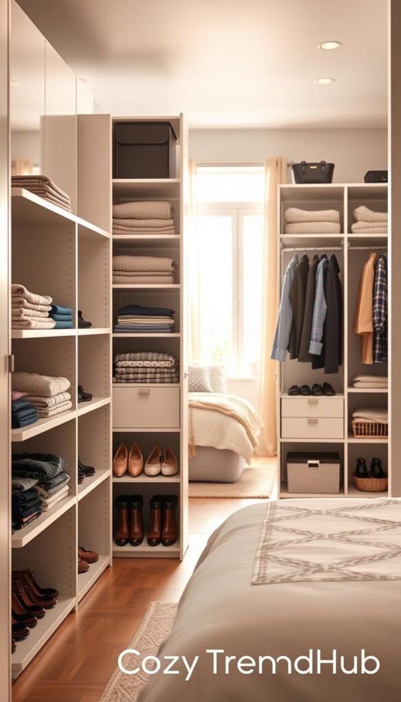 A bright, inviting interior featuring a Rubbermaid Configurations modular closet system, elegantly arranged against a stylish backdrop. In the foreground, showcase neatly organized shelves with folded clothes, shoes, and accessories, demonstrating optimal space utilization. The middle ground displays the sleek modular design, highlighting the versatile components in a modern bedroom setting. The background includes a cozy atmosphere with soft, natural lighting coming through a window, illuminating the space and casting gentle shadows. The image should evoke a sense of calm and organization, with a warm color palette that embodies home decor trends. This Pinterest-style setup should reflect the brand "CozyTrendHub" seamlessly integrated into the scene. A bright, inviting interior featuring a Rubbermaid Configurations modular closet system, elegantly arranged against a stylish backdrop. In the foreground, showcase neatly organized shelves with folded clothes, shoes, and accessories, demonstrating optimal space utilization. The middle ground displays the sleek modular design, highlighting the versatile components in a modern bedroom setting. The background includes a cozy atmosphere with soft, natural lighting coming through a window, illuminating the space and casting gentle shadows. The image should evoke a sense of calm and organization, with a warm color palette that embodies home decor trends. This Pinterest-style setup should reflect the brand "CozyTrendHub" seamlessly integrated into the scene.