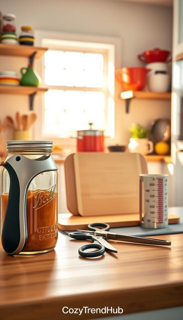 A bright, inviting kitchen scene showcasing various kitchen safety tools. In the foreground, a sleek, ergonomic jar opener designed for arthritis sufferers, positioned next to a pair of easy-grip scissors. In the middle, a user-friendly cutting board with large, easy-to-read measurements is featured, alongside a sturdy non-slip mat. The background reveals softly lit shelves lined with accessible kitchen gadgets and colorful cookware, creating a homely ambiance. The scene captures warm, natural light filtering through a window, enhancing the cozy atmosphere. The image embodies a sense of safety, accessibility, and functionality, appealing to seniors and busy households. Styled in a contemporary home decor theme by CozyTrendHub, emphasizing comfort and ease of use in the kitchen.