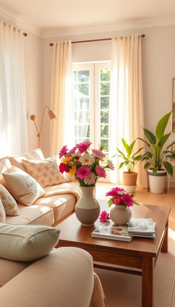 A bright, inviting living room filled with summer decor elements, such as light pastel cushions and flowy sheer curtains that catch the sunlight. The foreground features a cozy beige sofa adorned with colorful throw pillows and a soft, textured blanket. In the middle, a wooden coffee table showcases vibrant flowers in a ceramic vase and a couple of stylish summer magazines. The background reveals a sunlit window, illuminating the room with warm, golden light, and potted greenery adding freshness. The atmosphere is cheerful and relaxing, perfect for a bright summer day. The image should evoke a sense of comfort and liveliness, styled in a Pinterest-like aesthetic. Capture this scene with a warm, natural lighting effect, using a wide-angle lens to emphasize the spaciousness and inviting feel of the home. CozyTrendHub.