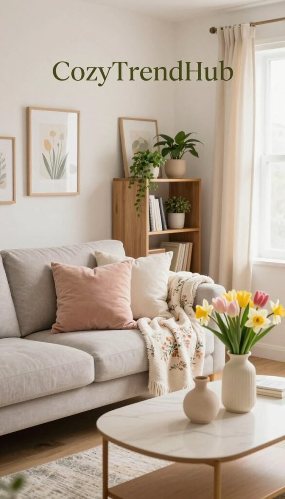 A bright, inviting living room showcasing the best spring decor for renters, featuring renter-friendly options that won’t damage walls. In the foreground, a cozy couch adorned with pastel-colored throw pillows and a lightweight floral blanket. On a stylish coffee table, there are decorative vases with fresh tulips and daffodils. The middle ground includes a bookshelf decorated with removable wall art and potted plants, adding life without the need for nails. The background features light, airy curtains letting in soft, natural light, enhancing the warm ambiance. Capture this scene with a warm, soft focus lens to evoke a cozy, welcoming atmosphere, perfect for a Pinterest-style lifestyle photo. Include subtle branding of "CozyTrendHub" within the design. A bright, inviting living room showcasing the best spring decor for renters, featuring renter-friendly options that won’t damage walls. In the foreground, a cozy couch adorned with pastel-colored throw pillows and a lightweight floral blanket. On a stylish coffee table, there are decorative vases with fresh tulips and daffodils. The middle ground includes a bookshelf decorated with removable wall art and potted plants, adding life without the need for nails. The background features light, airy curtains letting in soft, natural light, enhancing the warm ambiance. Capture this scene with a warm, soft focus lens to evoke a cozy, welcoming atmosphere, perfect for a Pinterest-style lifestyle photo. Include subtle branding of "CozyTrendHub" within the design.
