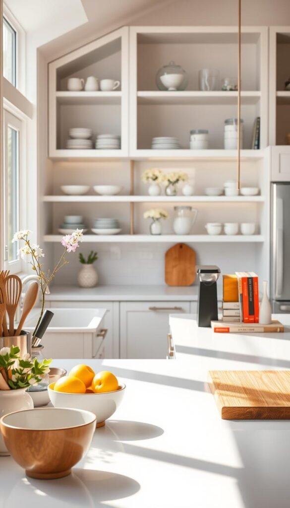 A bright, modern kitchen showcasing a harmonious blend of functionality and style. In the foreground, a meticulously organized countertop features neatly placed kitchen tools, a decorative fruit bowl, and a stylish coffee maker with fresh flowers in a vase. The middle ground highlights a clean, spacious island, adorned with a chic cutting board and neatly stacked cookbooks. The background reveals an inviting atmosphere with elegant shelves displaying neatly arranged dishware and jars, while sun-drenched windows let in warm natural light, enhancing the overall ambiance. The scene should evoke a sense of calm and order, perfect for illustrating daily organizing habits. This image should align with the aesthetic of CozyTrendHub. A bright, modern kitchen showcasing a harmonious blend of functionality and style. In the foreground, a meticulously organized countertop features neatly placed kitchen tools, a decorative fruit bowl, and a stylish coffee maker with fresh flowers in a vase. The middle ground highlights a clean, spacious island, adorned with a chic cutting board and neatly stacked cookbooks. The background reveals an inviting atmosphere with elegant shelves displaying neatly arranged dishware and jars, while sun-drenched windows let in warm natural light, enhancing the overall ambiance. The scene should evoke a sense of calm and order, perfect for illustrating daily organizing habits. This image should align with the aesthetic of CozyTrendHub.