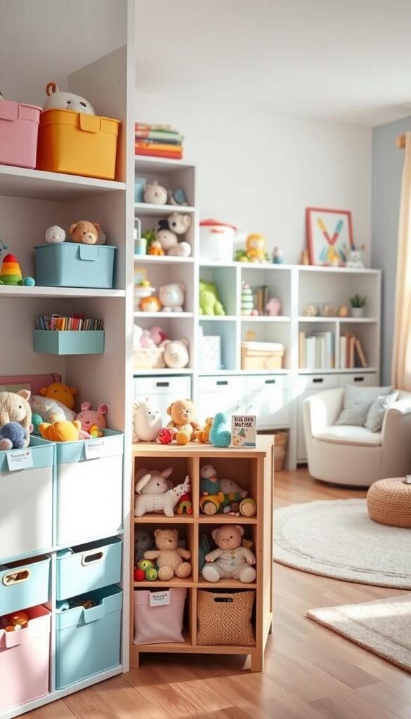 A bright, well-organized toy storage space designed for small living areas, featuring a variety of storage solutions like colorful bins, shelves, and baskets. In the foreground, showcase a small wooden unit filled with neatly arranged toys, labeled with charming tags. The middle section introduces open shelving displaying plush toys and books, all in pastel colors, fostering a cheerful atmosphere. The background includes a cozy corner with a soft rug and a small chair ideal for reading. Soft, natural lighting streams in from a nearby window, creating a welcoming vibe. The overall feel is vibrant yet organized, emphasizing practical and stylish solutions for managing toy clutter in kids' spaces. Inspired by CozyTrendHub, the scene reflects Pinterest-style aesthetics with stylish decor elements.