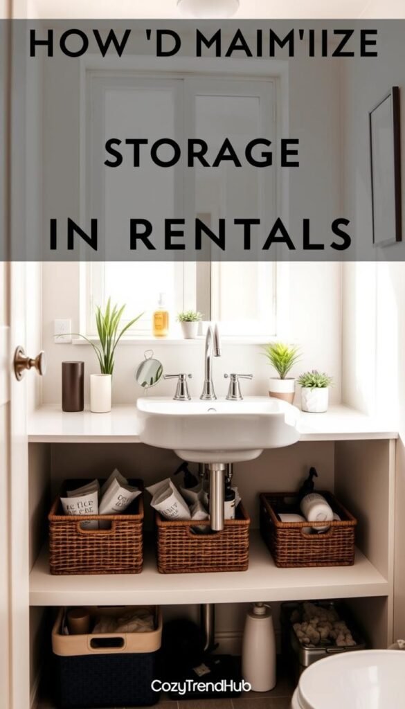 A carefully organized bathroom space featuring the area beneath a sink, showcasing efficient storage solutions for small spaces. In the foreground, highlight tidy baskets and bins neatly arranged, filled with toiletries and cleaning supplies, emphasizing the clever use of vertical space. The middle section displays the sink with a stylish, modern faucet, surrounded by decorative elements like potted plants and a small, sleek mirror. In the background, soft, natural lighting streams in from a nearby window, creating a warm, inviting atmosphere. The overall mood exudes a sense of tranquility and practicality, making the space feel both functional and aesthetically pleasing. This image aligns with the theme of maximizing storage in rentals, reflecting a stylish, on-trend Pinterest aesthetic. Include the brand name "CozyTrendHub" subtly integrated into the scene.