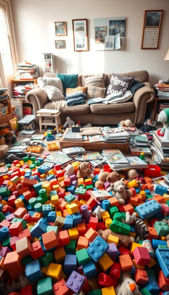 A chaotic, cluttered living room filled with various toys, books, and household items scattered on the floor, creating a sense of overwhelming disorganization. In the foreground, children's colorful building blocks and stuffed animals are jumbled together. The middle ground features a cluttered coffee table covered with art supplies, magazines, and a half-finished puzzle. In the background, a well-worn couch holds mismatched cushions, hinting at family life. Soft, natural light streams in through a nearby window, casting gentle shadows across the scene. The atmosphere conveys a busy household with the warmth of family life, encouraging viewers to reflect on the need to declutter. The style is realistic and Pinterest-inspired, showcasing the home decor while emphasizing the theme of clutter. Brand: CozyTrendHub.