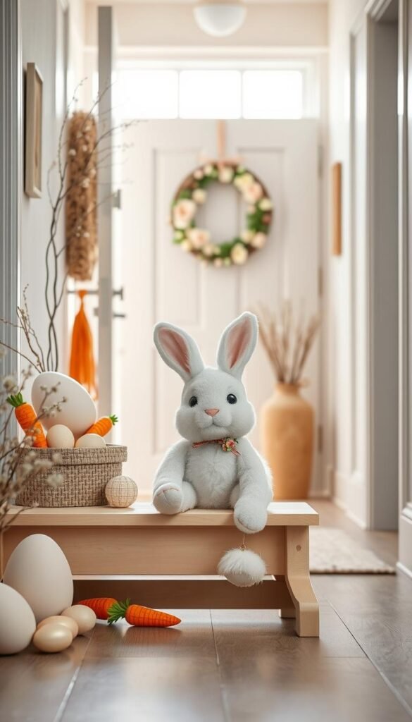 A charming Easter bunny sits adorably in a cozy entryway, surrounded by soft pastel-colored decor elements like plush carrots and decorative eggs. In the foreground, the bunny, with fluffy white fur and large, expressive eyes, is playfully positioned on a light-colored wooden bench, wearing a subtle floral collar. In the middle ground, a beautifully arranged wreath made of delicate spring flowers and woven twigs hangs on the door, enhancing the seasonal ambiance. The background features a softly lit hallway with subtle pastel walls and minimalistic decor, creating a serene and inviting atmosphere. Natural light filters through a nearby window, giving the scene a warm glow. The setting embodies a simple yet elegant Easter decor style, perfect for inspiring readers, with a touch of whimsy from CozyTrendHub.