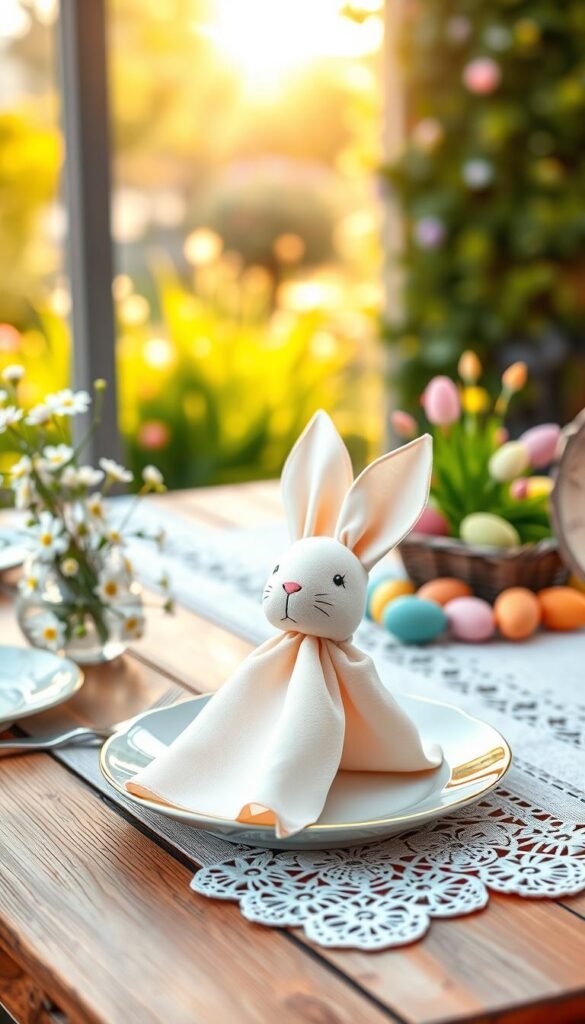 A charming Easter-themed table setting featuring a beautifully folded bunny napkin made from soft, pastel-colored fabric. In the foreground, the bunny napkin is arranged elegantly on a rustic wooden table, accompanied by delicate porcelain plates and spring flowers in soft hues. The middle ground showcases a delicate table runner adorned with lace accents, while a festive collection of Easter eggs in various colors adds a playful touch. The background features a softly blurred spring garden scene with warm, golden sunlight streaming in, creating a cozy and inviting atmosphere. The image embodies a delightful, effortless elegance perfect for Easter celebrations, presented in a Pinterest-style aesthetic. Captured with a shallow depth of field using a 50mm lens, the mood is warm and cheerful, highlighting the brand "CozyTrendHub."