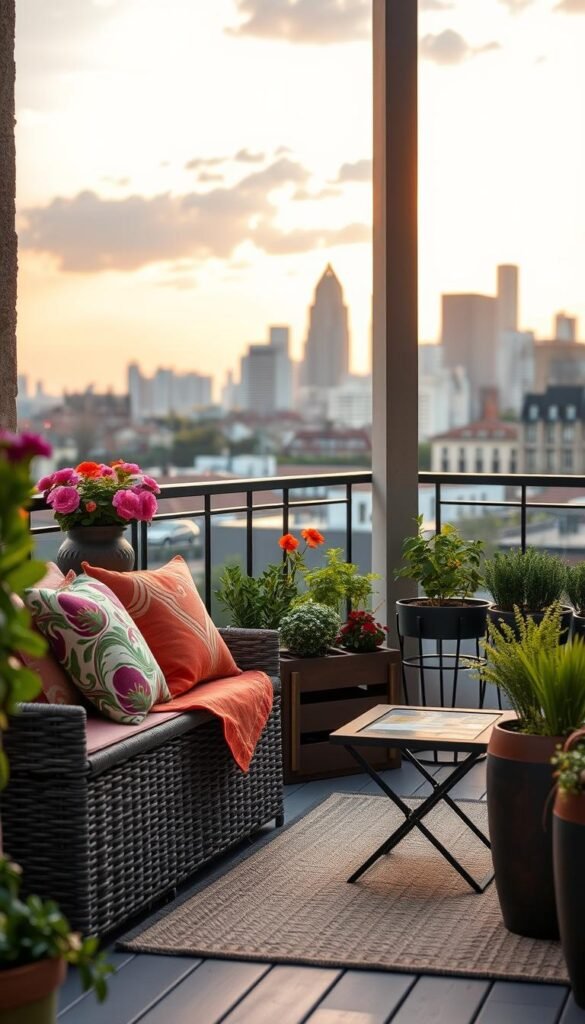 A charming balcony scene showcasing effective storage solutions and multipurpose decor for tiny outdoor living spaces. In the foreground, a wicker storage bench adorned with colorful outdoor cushions, complemented by a small modular coffee table for versatility. The middle features planters with vibrant flowers and herbs, enhancing the cozy atmosphere. In the background, a lush city skyline under a warm, golden sunset, with gentle light illuminating the scene. The composition emphasizes a harmonious balance between functionality and aesthetics, creating an inviting vibe. Use a soft focus lens to highlight textures, and capture the image from a slightly elevated angle, giving a glimpse of the cozy and stylish outdoor retreat. This is a Pinterest-style lifestyle image for CozyTrendHub. A charming balcony scene showcasing effective storage solutions and multipurpose decor for tiny outdoor living spaces. In the foreground, a wicker storage bench adorned with colorful outdoor cushions, complemented by a small modular coffee table for versatility. The middle features planters with vibrant flowers and herbs, enhancing the cozy atmosphere. In the background, a lush city skyline under a warm, golden sunset, with gentle light illuminating the scene. The composition emphasizes a harmonious balance between functionality and aesthetics, creating an inviting vibe. Use a soft focus lens to highlight textures, and capture the image from a slightly elevated angle, giving a glimpse of the cozy and stylish outdoor retreat. This is a Pinterest-style lifestyle image for CozyTrendHub.