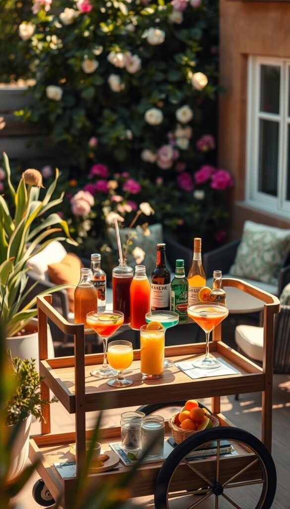 A charming bar cart on a sunlit patio, featuring a stylish wooden cart adorned with glassware, colorful cocktail mixers, and fresh fruits. The foreground showcases an inviting arrangement of vibrant drinks, with a few glasses filled with colorful cocktails. In the middle, the cart is set against a backdrop of lush green plants and blooming flowers, conveying a lively summer atmosphere. The background includes a cozy seating area with chic outdoor cushions and a sleek table, all bathed in warm, golden sunlight. The overall composition should evoke a cheerful, relaxed mood, ideal for summer entertaining in small spaces, emphasizing tasteful decor by CozyTrendHub. Use a soft focus lens effect to enhance the inviting feel.
