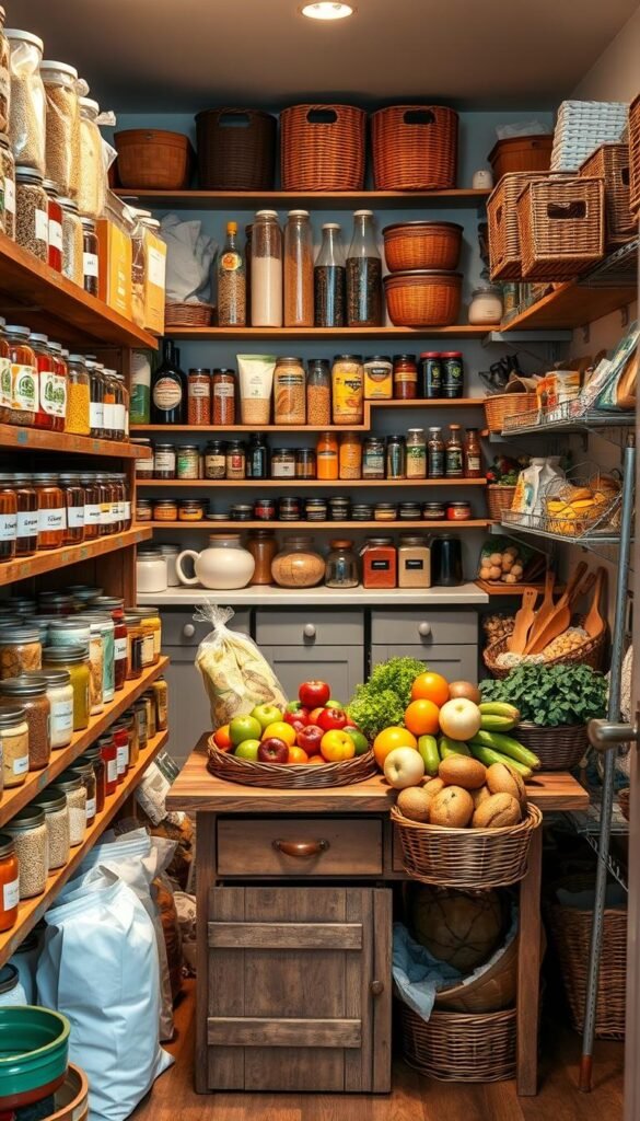 A charming, cluttered pantry overflowing with an array of colorful, neatly labeled jars, bags, and canned goods. In the foreground, a wooden shelf showcases bulk items like grains, pasta, and seasonal spices, artfully displayed in clear containers. The middle section features a vintage wooden table piled high with fresh seasonal produce and a basket filled with home-baked goods. The background reveals an organized pantry wall with stylish storage solutions, such as tasteful woven baskets and wall-mounted racks. Soft, warm lighting illuminates the scene, creating a cozy atmosphere. The angle captures the depth of the pantry, emphasizing both organization and abundance. This image embodies the essence of smart storage in small spaces and reflects the stylish vibe of CozyTrendHub.