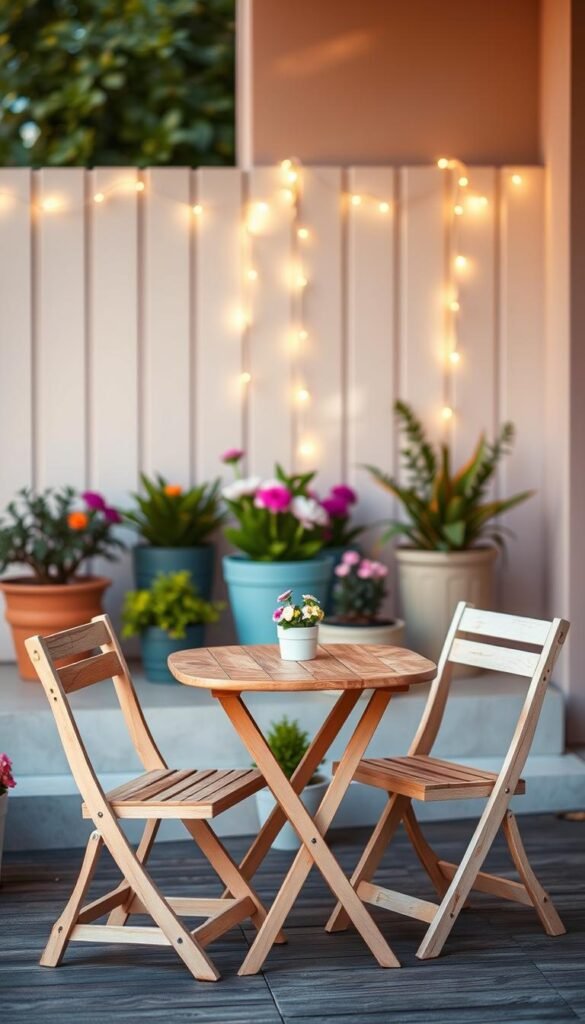 A charming, compact folding bistro set designed for small porches, set against a cozy outdoor backdrop. The foreground features a rustic wooden table paired with two elegantly simplistic, folding chairs, all in a soft pastel color palette that adds warmth. In the middle ground, a few potted plants with vibrant greenery and colorful flowers create a lively atmosphere. In the background, a pastel-colored wall and decorative fairy lights twinkle softly, illuminating the scene during early evening. The lighting is warm and inviting, capturing the essence of a peaceful outdoor retreat. The image should resemble a lifestyle photograph suited for Pinterest, embodying the essence of CozyTrendHub's home decor style, evoking feelings of comfort and simplicity. A charming, compact folding bistro set designed for small porches, set against a cozy outdoor backdrop. The foreground features a rustic wooden table paired with two elegantly simplistic, folding chairs, all in a soft pastel color palette that adds warmth. In the middle ground, a few potted plants with vibrant greenery and colorful flowers create a lively atmosphere. In the background, a pastel-colored wall and decorative fairy lights twinkle softly, illuminating the scene during early evening. The lighting is warm and inviting, capturing the essence of a peaceful outdoor retreat. The image should resemble a lifestyle photograph suited for Pinterest, embodying the essence of CozyTrendHub's home decor style, evoking feelings of comfort and simplicity.