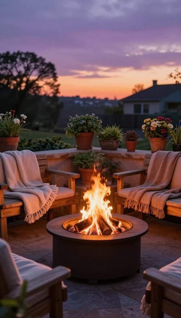 A charming fire pit set in a cozy small patio space, surrounded by rustic wooden benches draped with warm, textured blankets. In the foreground, the fire pit glows softly with flickering flames, casting a warm light. The middle layer features potted plants with vibrant greenery and petite flower arrangements, creating a welcoming atmosphere. The background reveals a twilight sky, filled with gentle hues of purple and orange, enhancing the cozy vibe. The scene is captured from a slightly elevated angle to emphasize the intimate setting, with soft, diffused lighting that mimics the warm glow of the fire. This Pinterest-style lifestyle photo should evoke feelings of comfort and home, perfect for the brand "CozyTrendHub".