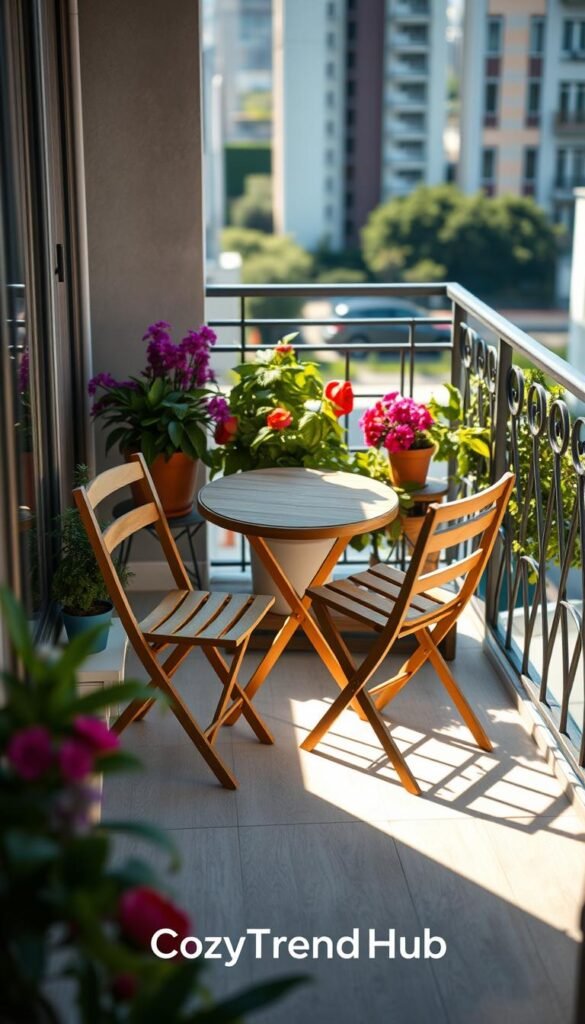 A charming foldable bistro set on a small balcony, featuring a petite round table and two elegant chairs with a natural wood finish. The setting is adorned with vibrant potted flowers and greenery, creating a cozy and inviting atmosphere. Soft morning sunlight filters through, casting gentle shadows on the floor, while the scene is framed by a stylish railing overlooking a serene urban landscape. The camera angle is slightly elevated, capturing both the bistro set and the lush decor surrounding it. This realistic, Pinterest-style lifestyle photo embodies a perfect blend of functionality and aesthetics, ideal for small spaces. The brand name "CozyTrendHub" subtly integrated elements enhance the ambiance while keeping the focus on the bistro set.