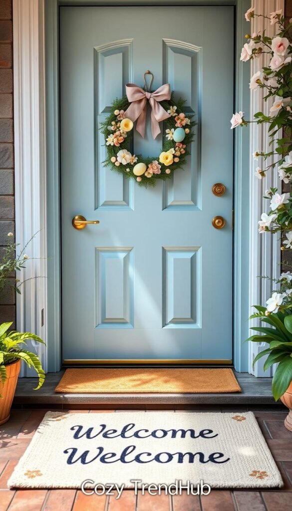 A charming front door adorned with simple Easter decor, showcasing a pastel-colored wreath made of faux flowers, eggs, and ribbons. In the foreground, a welcoming doormat reads "Welcome" with a soft, inviting texture. The middle layer features the door, painted in a fresh light blue shade, with elegant brass hardware and a polished handle, exuding an inviting vibe. In the background, lush greenery and blooming flowers frame the entrance, hinting at a warm spring day. Soft sunlight filters through, casting a gentle glow that enhances the cozy atmosphere. This Pinterest-style lifestyle photo should reflect the essence of practicality and inspiration for real homes, with the branding "CozyTrendHub" subtly integrated into the design.