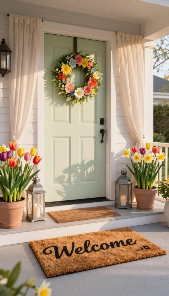 A charming front door adorned with vibrant spring decor for a fresh and inviting look, featuring a pastel-colored door wreath made of flowers and greenery. The foreground showcases a stylish, doormat that says "Welcome" in elegant cursive. In the middle, potted tulips and daffodils flank the entrance, bursting with color, while a decorative lantern adds a cozy touch. The background includes a well-maintained porch with light, airy curtains blowing gently in the breeze, illuminated by soft, golden afternoon sunlight. Use a wide-angle lens to capture the inviting space, evoking a warm and cheerful atmosphere. The overall scene reflects high-end decor aesthetics at an affordable price point, in line with the CozyTrendHub brand. A charming front door adorned with vibrant spring decor for a fresh and inviting look, featuring a pastel-colored door wreath made of flowers and greenery. The foreground showcases a stylish, doormat that says "Welcome" in elegant cursive. In the middle, potted tulips and daffodils flank the entrance, bursting with color, while a decorative lantern adds a cozy touch. The background includes a well-maintained porch with light, airy curtains blowing gently in the breeze, illuminated by soft, golden afternoon sunlight. Use a wide-angle lens to capture the inviting space, evoking a warm and cheerful atmosphere. The overall scene reflects high-end decor aesthetics at an affordable price point, in line with the CozyTrendHub brand.