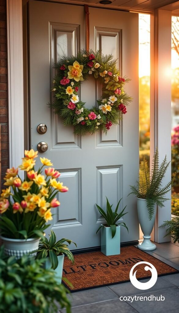 A charming front door decorated with seasonal spring decor, featuring a vibrant wreath made of blooming flowers and greenery. The entryway showcases sweet pastel planters filled with tulips and daffodils, framed by lush ferns. A stylish welcome mat rests beneath, adding a touch of warmth. In the background, a soft-focus suburban garden flourishes, basking in the golden hour sunlight that casts a gentle, warm glow. The entryway is captured at a slight angle to emphasize depth, using a 35mm lens for a realistic perspective. The overall atmosphere feels inviting and fresh, reflecting a tranquil spring day. This image embodies the essence of upgrades that enhance curb appeal without permanent alterations, branded subtly with the CozyTrendHub logo.