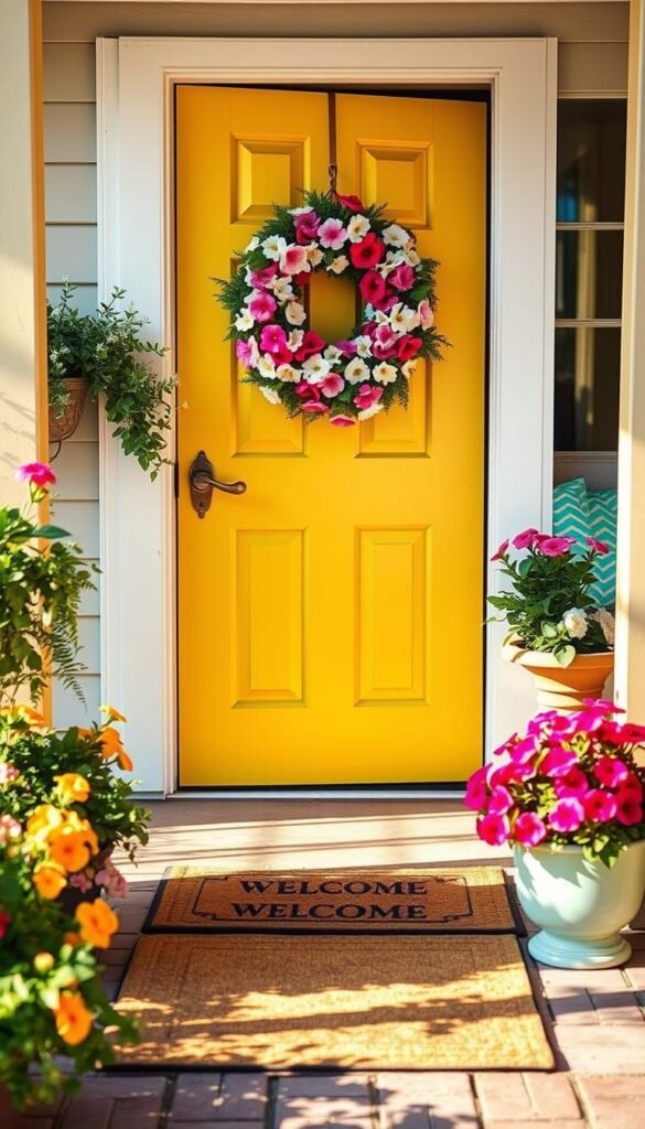 A charming front door painted in a vibrant summer yellow, adorned with a wreath made of fresh seasonal flowers in shades of pink and white. In the foreground, a welcoming mat invites guests with a subtle design that complements the door color. The middle ground features planters overflowing with bright petunias and lush greenery, set against a neatly trimmed pathway. Soft morning light creates delicate shadows, illuminating the texture of the door and the vibrancy of the flowers. The background reveals a cozy porch with subtle hints of mint accents in the decor, such as cushions on a small bench. The overall atmosphere is inviting and cheerful, evoking a sense of warmth and hospitality. The scene embodies the essence of summer, perfect for CozyTrendHub's aesthetic. A charming front door painted in a vibrant summer yellow, adorned with a wreath made of fresh seasonal flowers in shades of pink and white. In the foreground, a welcoming mat invites guests with a subtle design that complements the door color. The middle ground features planters overflowing with bright petunias and lush greenery, set against a neatly trimmed pathway. Soft morning light creates delicate shadows, illuminating the texture of the door and the vibrancy of the flowers. The background reveals a cozy porch with subtle hints of mint accents in the decor, such as cushions on a small bench. The overall atmosphere is inviting and cheerful, evoking a sense of warmth and hospitality. The scene embodies the essence of summer, perfect for CozyTrendHub's aesthetic.