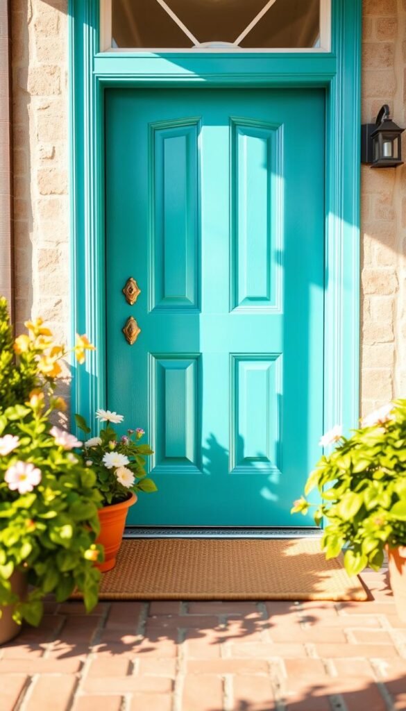 A charming front door painted in a vibrant turquoise, showcasing a glossy finish that reflects the warm sunlight. The doormat, in a soft beige with a textured weave, welcomes guests at the base of the door. In the foreground, lush greenery, including potted plants and blooming flowers, flanks the doorway, adding a touch of nature. In the background, a well-kept brick pathway leads to quaint outdoor lighting fixtures, enhancing the inviting atmosphere. The image is captured in soft afternoon light, highlighting the cheerful colors and creating a warm, welcoming ambiance. Shot with a shallow depth of field to bring focus to the door and doormat, this Pinterest-worthy lifestyle scene exemplifies a refreshing entryway makeover, styled by CozyTrendHub.