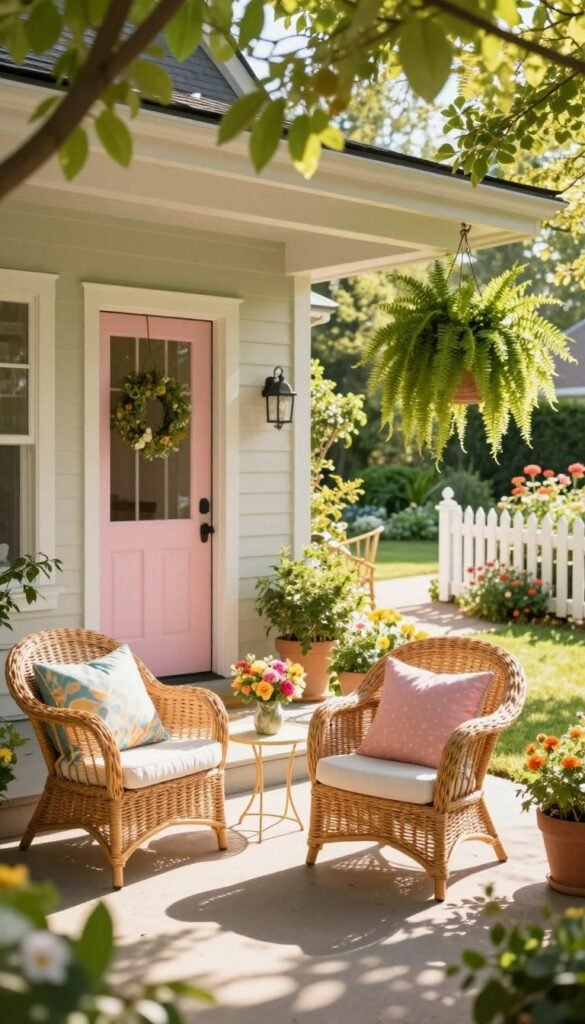A charming front porch adorned with fresh summer decor, showcasing a light and airy atmosphere. In the foreground, a beautifully arranged wicker chair with colorful throw pillows sits beside a small side table topped with a vibrant floral arrangement. The middle ground features a welcoming front door painted in a soft pastel hue, flanked by potted plants and hanging ferns that sway gently in the light breeze. In the background, a sun-drenched garden path leads to a quaint white picket fence, surrounded by blooming flowers. The scene is illuminated by warm, golden sunlight that filters through the leaves above, casting dappled shadows. Capture this inviting setting with a wide-angle lens to highlight the serene vibe. Perfect for a Pinterest-style lifestyle photo by CozyTrendHub. A charming front porch adorned with fresh summer decor, showcasing a light and airy atmosphere. In the foreground, a beautifully arranged wicker chair with colorful throw pillows sits beside a small side table topped with a vibrant floral arrangement. The middle ground features a welcoming front door painted in a soft pastel hue, flanked by potted plants and hanging ferns that sway gently in the light breeze. In the background, a sun-drenched garden path leads to a quaint white picket fence, surrounded by blooming flowers. The scene is illuminated by warm, golden sunlight that filters through the leaves above, casting dappled shadows. Capture this inviting setting with a wide-angle lens to highlight the serene vibe. Perfect for a Pinterest-style lifestyle photo by CozyTrendHub.