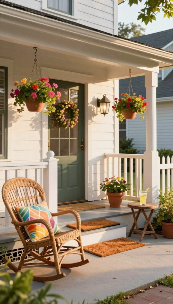 A charming front porch design featuring a small, cozy stoop or alcove entryway, adorned with tasteful summer decor. In the foreground, include a wicker rocking chair with a colorful throw pillow, a potted flowering plant, and a small rustic side table holding a glass of lemonade. The middle ground showcases a serene welcome mat in warm colors, and hanging flower pots in vibrant blooms above the railings. The background features a quaint house with soft, white siding and a gentle picket fence, bathed in golden afternoon sunlight. The perspective captures a slight upward angle, giving a sense of inviting spaciousness, while the overall atmosphere is warm, welcoming, and perfect for summer relaxation. Capture in a realistic, Pinterest-inspired style as seen on CozyTrendHub.