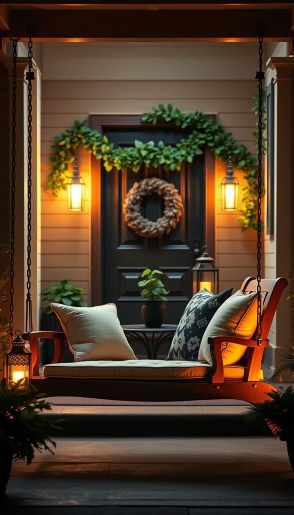 A charming front porch scene illuminated by warm, inviting lighting. In the foreground, a beautifully designed wooden swing is adorned with plush cushions, inviting relaxation. The middle area features a stylish, small table with a potted plant, and ornate lanterns casting a soft glow. The background showcases a welcoming front door with decorative greenery framing it, highlighting the cozy atmosphere. The scene is captured in soft dusk lighting, creating gentle shadows and an enchanting ambiance, reminiscent of Pinterest-style lifestyle photos. Use a slightly elevated angle to encapsulate the serene porch atmosphere, evoking feelings of comfort and warmth. This image reflects the essence of small porch solutions offered by CozyTrendHub. A charming front porch scene illuminated by warm, inviting lighting. In the foreground, a beautifully designed wooden swing is adorned with plush cushions, inviting relaxation. The middle area features a stylish, small table with a potted plant, and ornate lanterns casting a soft glow. The background showcases a welcoming front door with decorative greenery framing it, highlighting the cozy atmosphere. The scene is captured in soft dusk lighting, creating gentle shadows and an enchanting ambiance, reminiscent of Pinterest-style lifestyle photos. Use a slightly elevated angle to encapsulate the serene porch atmosphere, evoking feelings of comfort and warmth. This image reflects the essence of small porch solutions offered by CozyTrendHub.