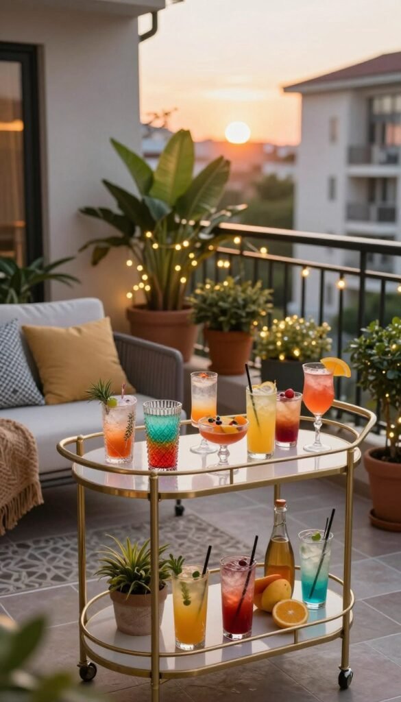 A charming outdoor patio scene featuring a stylish bar cart adorned with refreshing summer drinks and colorful glassware. In the foreground, the bar cart is elegantly set up with a vibrant arrangement of cocktail ingredients, fresh fruits, and decorative garnishes. Beside it, compact seating with cozy cushions enhances the inviting atmosphere. In the middle ground, lush potted plants and fairy lights add a warm and festive touch, creating an ideal setting for summer entertaining. The background showcases a serene apartment balcony with a soft sunset glow, casting a golden hue across the scene. The ambiance is cheerful and relaxed, perfect for small space gatherings. Captured with a slightly elevated angle to emphasize the decor details, this Pinterest-style lifestyle image from CozyTrendHub embodies the essence of outdoor entertaining in small spaces.