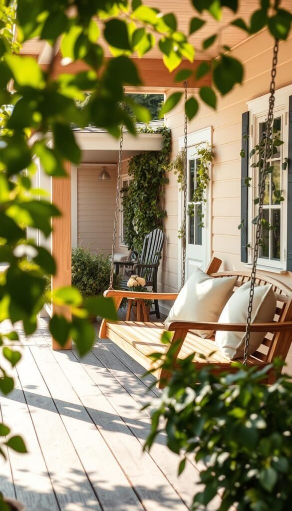 A charming porch swing crafted from natural wood, adorned with soft, neutral cushions, gently sways under a leafy overhang. In the foreground, light filters through lush green plants, casting playful shadows on the weathered wood planks of the porch. The middle ground features a tastefully arranged small table with a potted flower, adding a pop of color. In the background, a quaint house with gentle pastel hues is visible, draped in climbing vines, creating an inviting atmosphere. The scene is illuminated by the warm glow of late afternoon sunlight, enhancing the cozy ambiance. Capture this serene moment with a wide-angle lens to emphasize the intimate space, perfect for relaxing and unwinding. Inspired by CozyTrendHub, this image should evoke feelings of tranquility and comfort in a stylish, functional porch setting. A charming porch swing crafted from natural wood, adorned with soft, neutral cushions, gently sways under a leafy overhang. In the foreground, light filters through lush green plants, casting playful shadows on the weathered wood planks of the porch. The middle ground features a tastefully arranged small table with a potted flower, adding a pop of color. In the background, a quaint house with gentle pastel hues is visible, draped in climbing vines, creating an inviting atmosphere. The scene is illuminated by the warm glow of late afternoon sunlight, enhancing the cozy ambiance. Capture this serene moment with a wide-angle lens to emphasize the intimate space, perfect for relaxing and unwinding. Inspired by CozyTrendHub, this image should evoke feelings of tranquility and comfort in a stylish, functional porch setting.