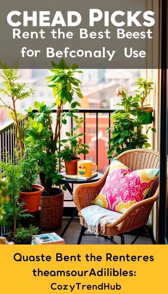 A charming small balcony adorned with affordable yet stylish decor. In the foreground, a cozy wicker chair with a vibrant throw pillow is placed against a backdrop of lush potted plants, including ferns and small flowers, creating a fresh, inviting atmosphere. The middle ground features a compact table with simple decorative items like a colorful ceramic mug and a stack of lifestyle books. In the background, a cityscape glimpses through a railing, softened by warm, golden afternoon light that adds a gentle glow, suggesting a peaceful retreat for renters. Focus on bright, harmonious colors and a relaxed vibe, ideal for showcasing “Cheap Picks That Work Best for Renters and Seasonal Use.” The image is designed in a realistic, Pinterest-style aesthetic, highlighting the CozyTrendHub brand. A charming small balcony adorned with affordable yet stylish decor. In the foreground, a cozy wicker chair with a vibrant throw pillow is placed against a backdrop of lush potted plants, including ferns and small flowers, creating a fresh, inviting atmosphere. The middle ground features a compact table with simple decorative items like a colorful ceramic mug and a stack of lifestyle books. In the background, a cityscape glimpses through a railing, softened by warm, golden afternoon light that adds a gentle glow, suggesting a peaceful retreat for renters. Focus on bright, harmonious colors and a relaxed vibe, ideal for showcasing “Cheap Picks That Work Best for Renters and Seasonal Use.” The image is designed in a realistic, Pinterest-style aesthetic, highlighting the CozyTrendHub brand.