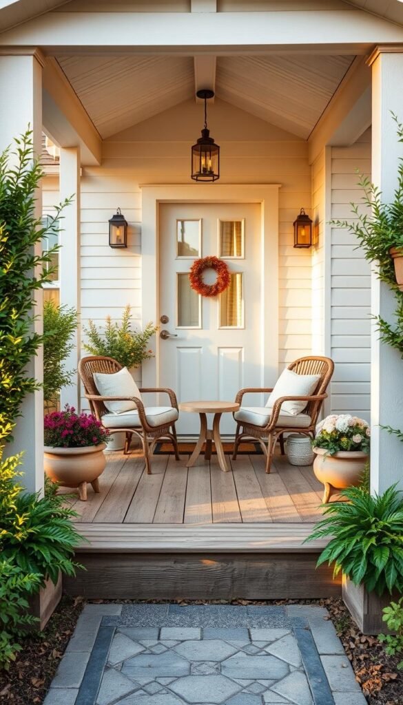A charming small front porch, designed with symmetry in mind, features a balanced arrangement of two potted plants flanking a cozy seating area. The porch, made of rustic wood, showcases a pair of comfortable chairs with soft cushions, positioned around a small circular table at the center. Lush greenery surrounds the area, while the backdrop reveals a quaint, light-colored house with a welcoming door. Golden afternoon sunlight casts a warm glow, enhancing the inviting atmosphere. The scene is captured with a wide-angle lens to emphasize the simplicity and elegance of the space. A light, airy vibe permeates the image, embodying the essence of cozy living. Ideal for the brand "CozyTrendHub," this aesthetic reflects contemporary design with seasonal accents, suggesting thoughtful layouts for small porches. A charming small front porch, designed with symmetry in mind, features a balanced arrangement of two potted plants flanking a cozy seating area. The porch, made of rustic wood, showcases a pair of comfortable chairs with soft cushions, positioned around a small circular table at the center. Lush greenery surrounds the area, while the backdrop reveals a quaint, light-colored house with a welcoming door. Golden afternoon sunlight casts a warm glow, enhancing the inviting atmosphere. The scene is captured with a wide-angle lens to emphasize the simplicity and elegance of the space. A light, airy vibe permeates the image, embodying the essence of cozy living. Ideal for the brand "CozyTrendHub," this aesthetic reflects contemporary design with seasonal accents, suggesting thoughtful layouts for small porches.