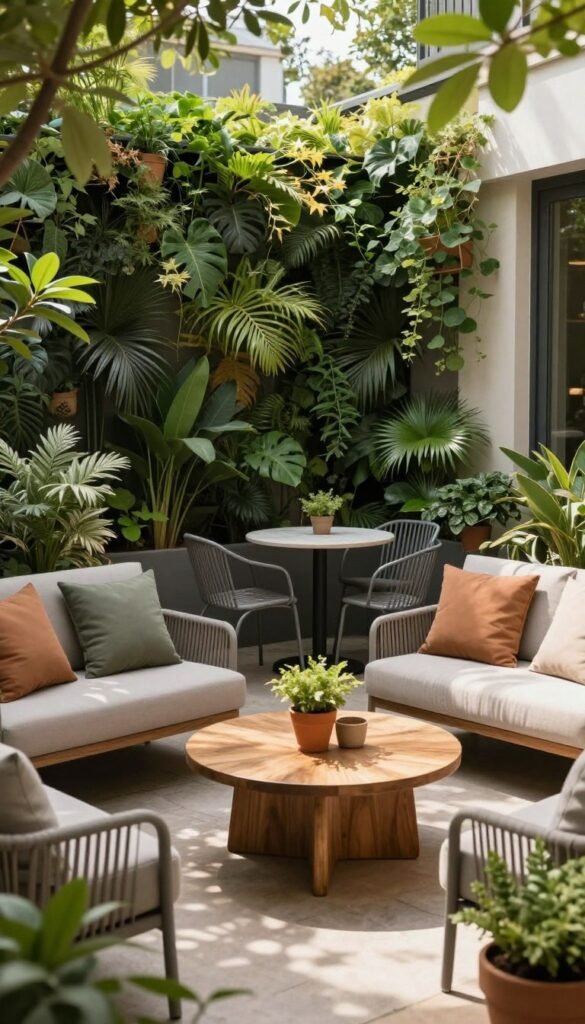 A charming small patio designed for optimal space utilization, showcasing space-savvy seating arrangements that fit perfectly in tight corners. In the foreground, a cozy, compact outdoor sofa adorned with plush cushions in muted earth tones. A stylish, round coffee table with a rustic wood finish sits centrally, surrounded by potted plants for a touch of greenery. In the middle, a small bistro set with sleek metal chairs complements the space, reflecting a modern yet inviting atmosphere. The background features a lush, vertical garden wall that adds fresh vibrance, with soft sunlight filtering through nearby trees, casting gentle shadows. The overall mood captures a serene, inviting outdoor sanctuary, perfect for relaxation or intimate gatherings. This lifestyle setting embodies the essence of modern outdoor decor by CozyTrendHub.