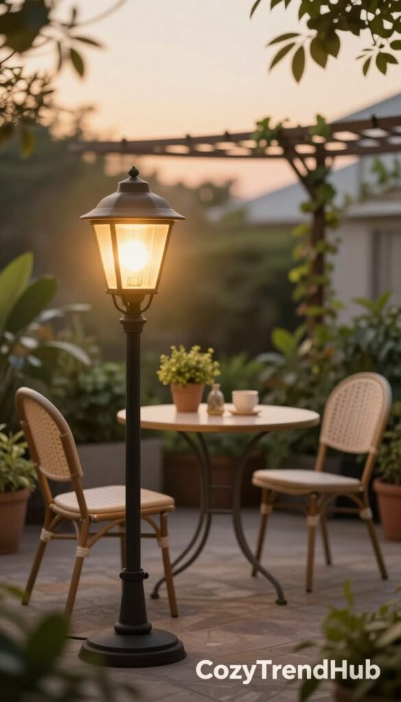 A charming small patio illuminated by a stylish, vintage-inspired patio light. In the foreground, the light is softly glowing, casting a warm, inviting ambiance. The middle ground features a cozy bistro table set with two elegant chairs and adorned with potted greenery and simple decor items, enhancing the sense of space. In the background, there are lush plants and a subtle trellis that extends the visual reach of the area, contributing to an expansive feel. The scene is photographed in golden hour lighting to create a serene, dreamy atmosphere. Shot with a shallow depth of field to focus on the light and table while gently blurring the background. Ideal for &ldquo;CozyTrendHub,&rdquo; this image captures the essence of best outdoor decor tricks that visually expand small patios.