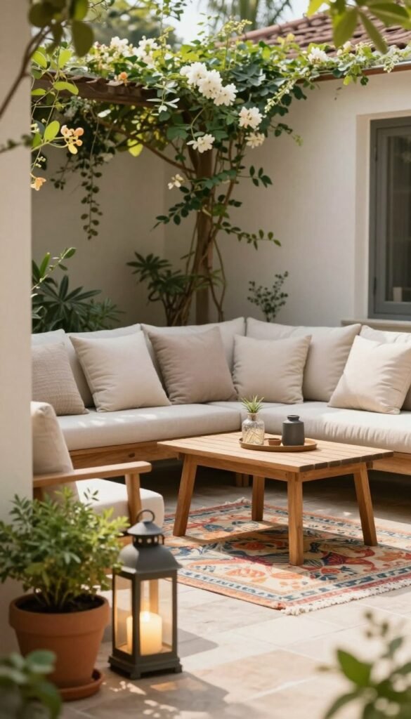 A charming small patio space designed for relaxation, featuring soft, neutral-toned furniture, such as a compact wooden bistro set with comfortable cushions. In the foreground, a stylish potted plant adds a touch of greenery, while an elegant outdoor lantern creates a warm glow. The middle ground showcases carefully arranged decor items like a colorful outdoor rug and a few tasteful accessories, providing a cozy atmosphere without clutter. In the background, a trellis draped with flowering vines enhances the serene garden feel. Natural sunlight filters through the scene, creating a soft, inviting ambiance. Captured with a subtle depth of field to emphasize the inviting decor and peaceful environment, suitable for a Pinterest-style lifestyle photo. Brand name: CozyTrendHub.