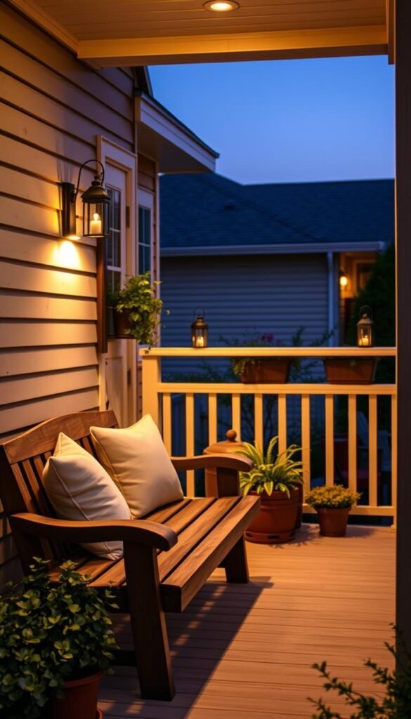 A charming small porch at twilight, illuminated by warm, inviting porch lights that reflect a cozy atmosphere. In the foreground, a rustic wooden bench adorned with plush cushions invites relaxation. Scattered potted plants add a touch of greenery, enhancing the welcoming feel. In the middle ground, stylish lanterns line the railing, casting soft shadows and creating an ambiance perfect for nighttime use. The background features a quaint house with well-maintained siding, highlighting the porch's appeal. The lighting is warm and soft, emphasizing the safety aspect of well-placed lights. The image captures a serene, inviting mood, ideal for showcasing ideas for improving porch lighting and maximizing small spaces. This image embodies the essence of CozyTrendHub's design philosophy. A charming small porch at twilight, illuminated by warm, inviting porch lights that reflect a cozy atmosphere. In the foreground, a rustic wooden bench adorned with plush cushions invites relaxation. Scattered potted plants add a touch of greenery, enhancing the welcoming feel. In the middle ground, stylish lanterns line the railing, casting soft shadows and creating an ambiance perfect for nighttime use. The background features a quaint house with well-maintained siding, highlighting the porch's appeal. The lighting is warm and soft, emphasizing the safety aspect of well-placed lights. The image captures a serene, inviting mood, ideal for showcasing ideas for improving porch lighting and maximizing small spaces. This image embodies the essence of CozyTrendHub's design philosophy.