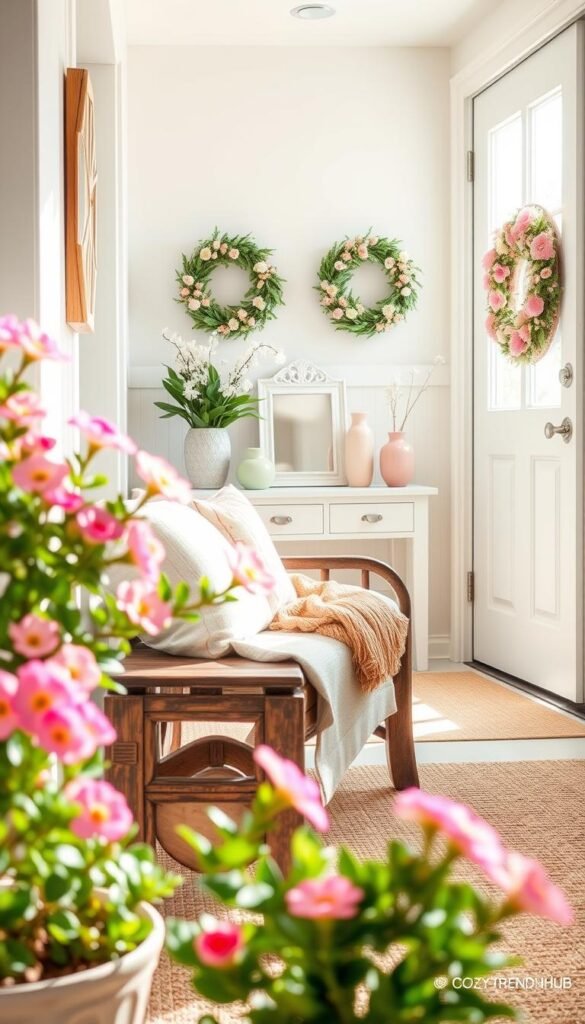 A charming spring entryway designed for a small space, featuring a welcoming atmosphere. In the foreground, a potted flowering plant bursts with vibrant blooms next to a rustic bench adorned with a cozy throw blanket. The middle layer showcases a stylish, minimalist console table with decorative accents like pastel-colored vases and a small framed mirror reflecting light. The background highlights a door painted in soft shades, framed by seasonal wreaths made of fresh greenery and blossoms. Bright, natural lighting floods the scene, creating a fresh and uplifting mood. The angle captures the inviting layout from an inviting perspective, encapsulating a Pinterest-worthy lifestyle look. Ideal for the brand CozyTrendHub, this image emphasizes how to stylishly decorate small entryways for spring. A charming spring entryway designed for a small space, featuring a welcoming atmosphere. In the foreground, a potted flowering plant bursts with vibrant blooms next to a rustic bench adorned with a cozy throw blanket. The middle layer showcases a stylish, minimalist console table with decorative accents like pastel-colored vases and a small framed mirror reflecting light. The background highlights a door painted in soft shades, framed by seasonal wreaths made of fresh greenery and blossoms. Bright, natural lighting floods the scene, creating a fresh and uplifting mood. The angle captures the inviting layout from an inviting perspective, encapsulating a Pinterest-worthy lifestyle look. Ideal for the brand CozyTrendHub, this image emphasizes how to stylishly decorate small entryways for spring.