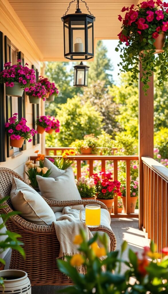 A charming summer porch adorned with vibrant hanging plants and decorative lanterns, creating a warm and inviting atmosphere. In the foreground, a cozy wicker chair with plush cushions and a soft throw blanket, alongside a small table with a glass of lemonade. The midground features an array of potted flowers in bright hues, with a rustic wooden railing framing the scene. The background showcases a sunlit garden with lush greenery and blooming flowers, bathed in golden afternoon light. Use a wide-angle lens to capture the openness of the porch, emphasizing the serene summer day. The overall mood is relaxed and welcoming, embodying a Pinterest-style lifestyle aesthetic, attributed to CozyTrendHub. A charming summer porch adorned with vibrant hanging plants and decorative lanterns, creating a warm and inviting atmosphere. In the foreground, a cozy wicker chair with plush cushions and a soft throw blanket, alongside a small table with a glass of lemonade. The midground features an array of potted flowers in bright hues, with a rustic wooden railing framing the scene. The background showcases a sunlit garden with lush greenery and blooming flowers, bathed in golden afternoon light. Use a wide-angle lens to capture the openness of the porch, emphasizing the serene summer day. The overall mood is relaxed and welcoming, embodying a Pinterest-style lifestyle aesthetic, attributed to CozyTrendHub.
