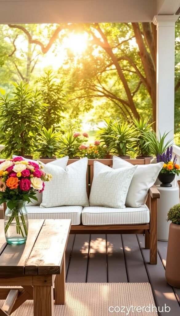 A charming summer porch scene showcasing cozy seating perfect for small spaces, featuring a stylish two-person bench adorned with soft, patterned throw pillows in pastel colors. In the foreground, a rustic wooden table holds a vase filled with vibrant seasonal flowers. The middle captures the inviting bench nestled against a backdrop of green plants in stylish pots, enhancing the warm, welcoming feel. In the background, a soft, golden sunlight filters through leafy trees, creating dappled shadows on the porch flooring. The overall atmosphere is serene and inviting, evoking a sense of comfort and relaxation, ideal for enjoying summer evenings. The image reflects the aesthetic of CozyTrendHub, emphasizing thoughtful decor and functionality within a limited space. A charming summer porch scene showcasing cozy seating perfect for small spaces, featuring a stylish two-person bench adorned with soft, patterned throw pillows in pastel colors. In the foreground, a rustic wooden table holds a vase filled with vibrant seasonal flowers. The middle captures the inviting bench nestled against a backdrop of green plants in stylish pots, enhancing the warm, welcoming feel. In the background, a soft, golden sunlight filters through leafy trees, creating dappled shadows on the porch flooring. The overall atmosphere is serene and inviting, evoking a sense of comfort and relaxation, ideal for enjoying summer evenings. The image reflects the aesthetic of CozyTrendHub, emphasizing thoughtful decor and functionality within a limited space.