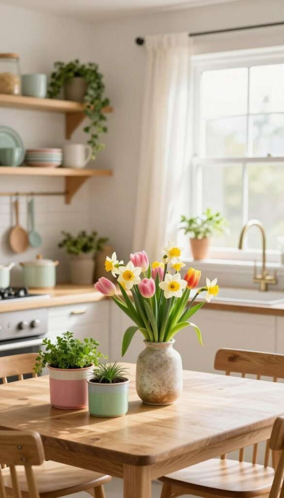 A charming, sunlit kitchen adorned with spring decor, designed for renters. In the foreground, a small wooden table is set with a vibrant floral centerpiece featuring fresh tulips and daffodils in a rustic vase. On the table, there are colorful, stackable storage containers showcasing fresh herbs. In the middle ground, stylish yet practical shelving displays organized kitchen essentials, accented by pastel-colored dishware and hanging greenery. The background features a bright window bringing in natural light, adorned with sheer, lightweight curtains fluttering gently. The overall atmosphere is inviting and fresh, embodying a warm spring vibe, with soft, natural lighting that enhances the colors. The image captures the essence of renter-friendly decor through CozyTrendHub&rsquo;s aesthetic, focusing on practicality and style without clutter.