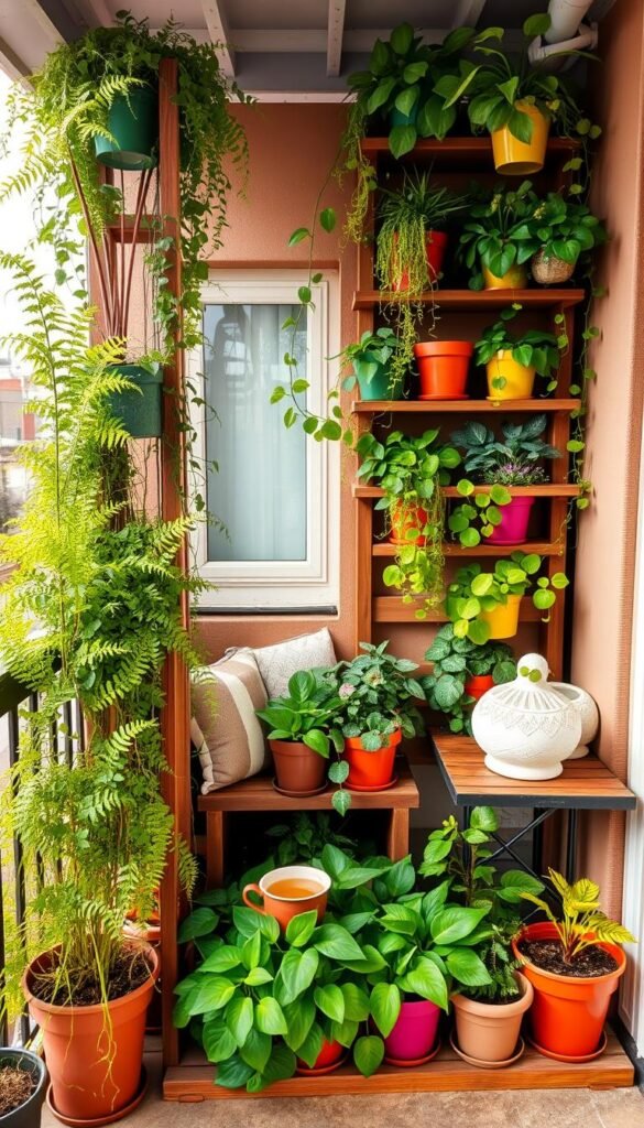 A charming vertical garden on a small balcony, showcasing a variety of lush green plants in colorful pots, creating a vibrant and inviting space. In the foreground, tall ferns and trailing vines cascade down the sides of a handcrafted wooden trellis, while succulents and herbs fill the lower shelves. The middle layer features a cozy seating area with stylish cushions, accentuated by a small wooden table holding a steaming cup of tea. In the background, a soft morning light filters through a nearby window, casting gentle shadows and enhancing the greenery's vivid colors. The atmosphere is serene and refreshing, embodying a peaceful urban retreat that emphasizes greenery and privacy. This image reflects the brand CozyTrendHub, focusing on stylish home decor and seasonal themes. A charming vertical garden on a small balcony, showcasing a variety of lush green plants in colorful pots, creating a vibrant and inviting space. In the foreground, tall ferns and trailing vines cascade down the sides of a handcrafted wooden trellis, while succulents and herbs fill the lower shelves. The middle layer features a cozy seating area with stylish cushions, accentuated by a small wooden table holding a steaming cup of tea. In the background, a soft morning light filters through a nearby window, casting gentle shadows and enhancing the greenery's vivid colors. The atmosphere is serene and refreshing, embodying a peaceful urban retreat that emphasizes greenery and privacy. This image reflects the brand CozyTrendHub, focusing on stylish home decor and seasonal themes.