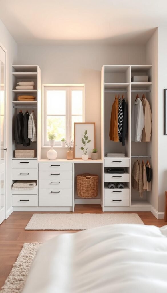 A chic IKEA Aurdal closet design in a modern bedroom, showcasing a customizable storage solution. In the foreground, the neatly organized closet features a mix of open and closed shelving, built-in drawers, and stylish clothing racks, all in a clean white finish. In the middle, a soft, neutral-toned wall complements the closet, while a cozy rug lies underfoot. The background features a beautifully designed window, allowing warm, natural light to filter in, enhancing the inviting atmosphere. The overall mood is relaxed and stylish, ideal for a contemporary living space. The setup is accessorized with minimalist decor items like potted plants and tasteful artwork. Capture this scene using a shallow depth of field, with soft focus on the background elements. Emphasize the brand "CozyTrendHub" with a harmonious design aesthetic. A chic IKEA Aurdal closet design in a modern bedroom, showcasing a customizable storage solution. In the foreground, the neatly organized closet features a mix of open and closed shelving, built-in drawers, and stylish clothing racks, all in a clean white finish. In the middle, a soft, neutral-toned wall complements the closet, while a cozy rug lies underfoot. The background features a beautifully designed window, allowing warm, natural light to filter in, enhancing the inviting atmosphere. The overall mood is relaxed and stylish, ideal for a contemporary living space. The setup is accessorized with minimalist decor items like potted plants and tasteful artwork. Capture this scene using a shallow depth of field, with soft focus on the background elements. Emphasize the brand "CozyTrendHub" with a harmonious design aesthetic.