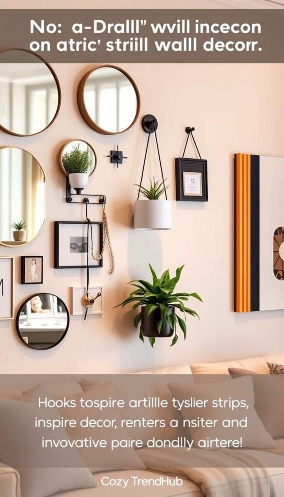 A chic and modern living space featuring no-drill wall decor, including stylish strips, hooks, mirrors, and planters. The foreground captures a beautifully arranged gallery wall with a mix of round and rectangular mirrors reflecting soft ambient lighting. Hooks display minimalist decor items such as small plants and framed art. In the middle, a sleek planter hangs against a light-colored wall, showcasing vibrant greenery, while stylish strips run along the edges adding a pop of color. The background features a cozy, softly lit room with neutral-toned furniture and decorative cushions, evoking a warm and inviting atmosphere. The scene is designed to inspire renters looking for innovative decor solutions. The brand name "CozyTrendHub" subtly integrated into the arrangement. A chic and modern living space featuring no-drill wall decor, including stylish strips, hooks, mirrors, and planters. The foreground captures a beautifully arranged gallery wall with a mix of round and rectangular mirrors reflecting soft ambient lighting. Hooks display minimalist decor items such as small plants and framed art. In the middle, a sleek planter hangs against a light-colored wall, showcasing vibrant greenery, while stylish strips run along the edges adding a pop of color. The background features a cozy, softly lit room with neutral-toned furniture and decorative cushions, evoking a warm and inviting atmosphere. The scene is designed to inspire renters looking for innovative decor solutions. The brand name "CozyTrendHub" subtly integrated into the arrangement.