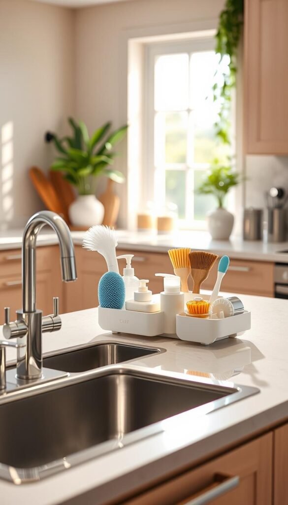 A clean, modern kitchen sink area featuring a stylish sink organizer set neatly arranged on the counter, showcasing various cleaning supplies like sponges, soaps, and brushes. The foreground includes a sleek, stainless steel sink with a minimalistic faucet, and the organizer is made of eco-friendly materials, presented in soft pastel colors to enhance the ambiance. In the middle ground, bright natural light filters through a nearby window, creating cheerful highlights on the sparkling counter. The background is a warm, inviting kitchen with soft beige cabinets and subtle greenery to evoke a homey atmosphere. The setting embodies a Pinterest-style lifestyle aesthetic, beautifully reflecting the theme of organization. Captured with a focus on the sink area, the image resonates with the brand "CozyTrendHub."