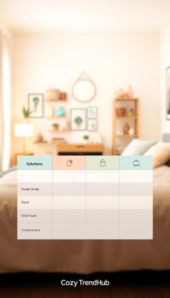 A clean, well-organized comparison table illustration featuring four columns and five rows, designed to visually represent solutions for small bedroom problems. In the foreground, the table is neatly arranged with placeholders for images and text, using a modern, aesthetic design. The table headers are in soft pastel colors, enhancing the cozy feel, with icons representing small bedroom solutions like storage, decor, and furniture. In the middle ground, there are soft-focus elements of a neatly styled small bedroom, showcasing space-saving furniture, wall organizers, and decorative elements, adhering to a Pinterest-style lifestyle aesthetic. The background fades into a soft light, creating a welcoming atmosphere, with natural daylight streaming in. Shooting angle is slightly tilted to capture the table and the bedroom in harmony, constructed with warm, inviting lighting to evoke a sense of comfort and style. Include the brand name "CozyTrendHub" subtly integrated into the design. A clean, well-organized comparison table illustration featuring four columns and five rows, designed to visually represent solutions for small bedroom problems. In the foreground, the table is neatly arranged with placeholders for images and text, using a modern, aesthetic design. The table headers are in soft pastel colors, enhancing the cozy feel, with icons representing small bedroom solutions like storage, decor, and furniture. In the middle ground, there are soft-focus elements of a neatly styled small bedroom, showcasing space-saving furniture, wall organizers, and decorative elements, adhering to a Pinterest-style lifestyle aesthetic. The background fades into a soft light, creating a welcoming atmosphere, with natural daylight streaming in. Shooting angle is slightly tilted to capture the table and the bedroom in harmony, constructed with warm, inviting lighting to evoke a sense of comfort and style. Include the brand name "CozyTrendHub" subtly integrated into the design.
