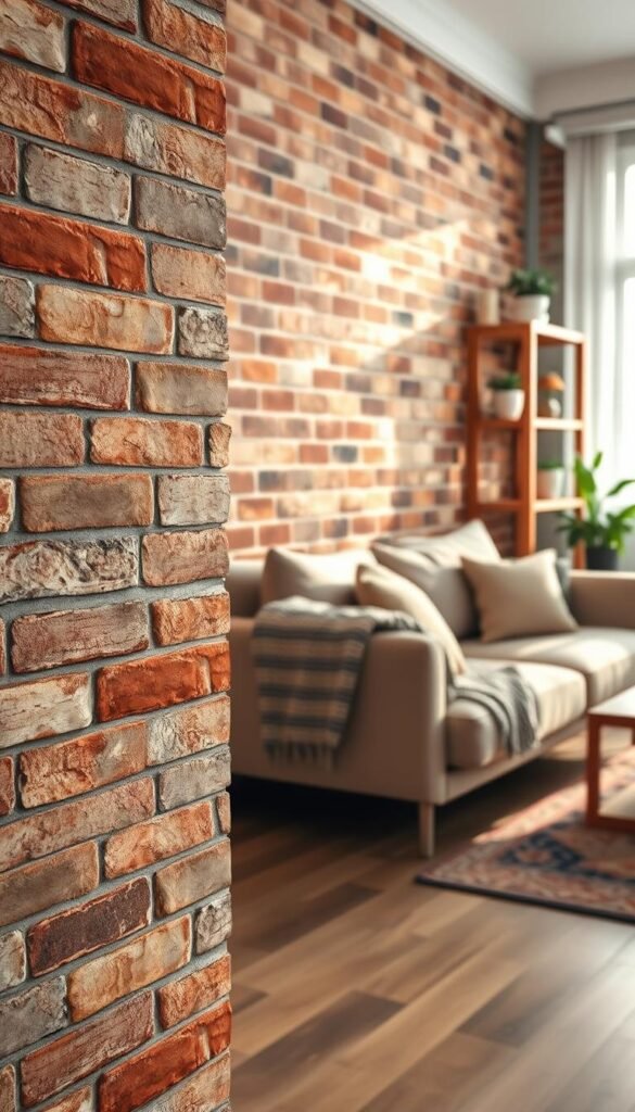 A close-up of a peel-and-stick brick texture, showcasing a beautiful faux brick wall applied in a cozy apartment setting. In the foreground, intricately detailed brick patterns with varying tones of warm red and rustic gray, blending seamlessly for an authentic look. In the middle, a stylish living area featuring a soft, plush sofa adorned with pillows and a textured throw, set against the brick backdrop. The background includes a softly lit wooden shelf with plants and decorative items, enhancing the homey atmosphere. Natural light filters through a nearby window, creating a warm and inviting mood. Capture this image in a bright, airy lens to emphasize the trendy, relaxed vibe of contemporary apartment decor. Styled under the brand name "CozyTrendHub".